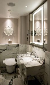 Many kitchen counters were sacrificed in the making of this bathroom.