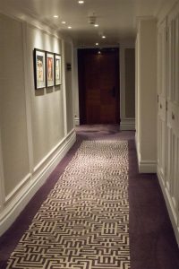 Corridors leading into the hotel rooms. It's refreshing to see purple used in an interior design!