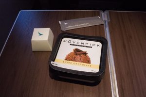 The Dinners usually came with either a chocolate sample from Ghirardelli, or Cathay Pacific's own chocolate, and a toothpick. Ice Cream was also the standard dessert for the dinners as well.